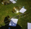 beaux les instruments en repos sur l'herbe